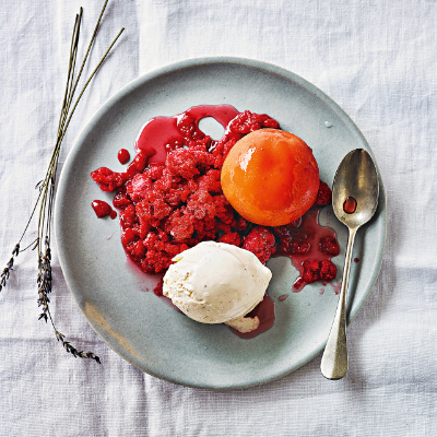 diana-henrys-peaches-with-berry-granita-vanilla-ice-cream